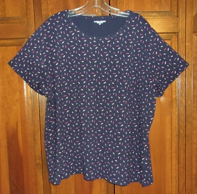 Laura Scott  SS Navy Blue  Rust Orange Gold Feather Leaves Design  Knit Top - 2X