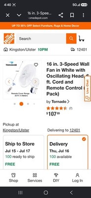 Tornado 16 Inch Oscillating Wall Mount Fan Remote Control Included 3 Speed 26...
