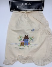 Vintage Half Apron Hand Embroidered Waist Tie Cream Flowers Ruffle Bottom NWT
