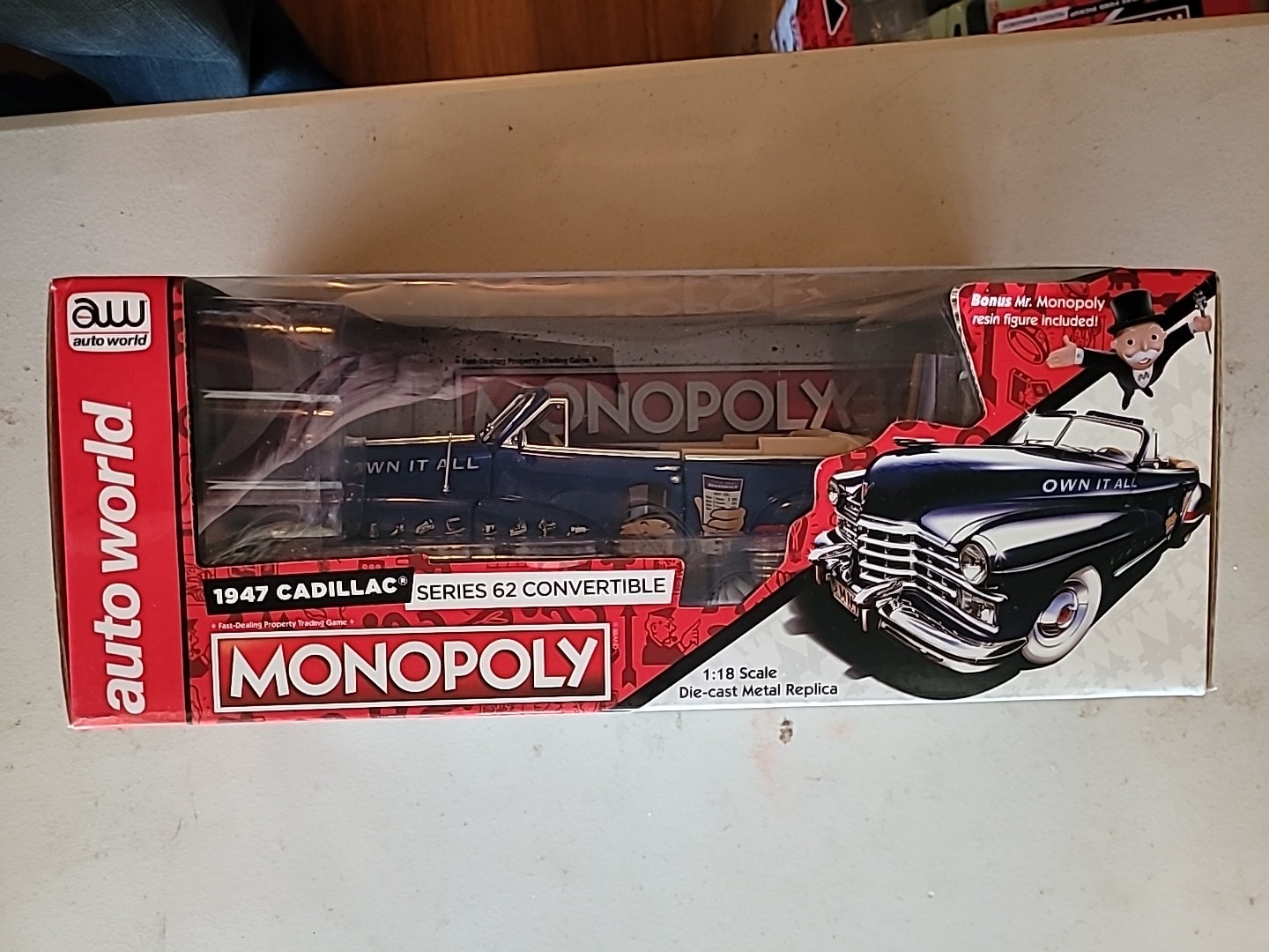 AUTO WORLD 1/18 Scale 1947 CADILLAC 62 CONVERTIBLE MR MONOPOLY Die Cast