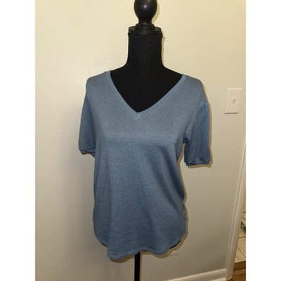 MOD REF Women s Crew Neck Sweater Soft Size S Short Sleeve Cuffed Blue EUC