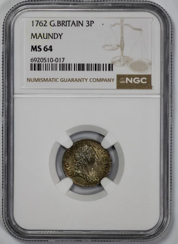 1762 Great Britain Maundy 3p Threepence NGC MS 64 Toned