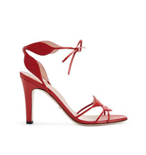 Gucci Leather Heeled Ankle Strap Sandals With Leaf Motif Heron Red SZ 38/8 NIB