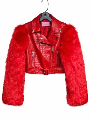 Azalea Wang Nolla True Red Faux Fur Sleeves Faux Crocodile Look Edgy Moto Jacket