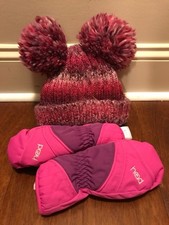 Girls S-M Pink Pom-Pom Ears Winter Hat  Snow Mittens Bundle