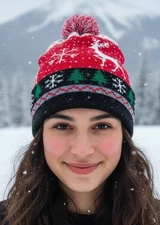 Red Black White Deer Snowflake Up North Cabin Rustic Stocking Cap Hat Pom Beanie