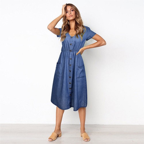 Womens Denim Button Down Midi Dress 