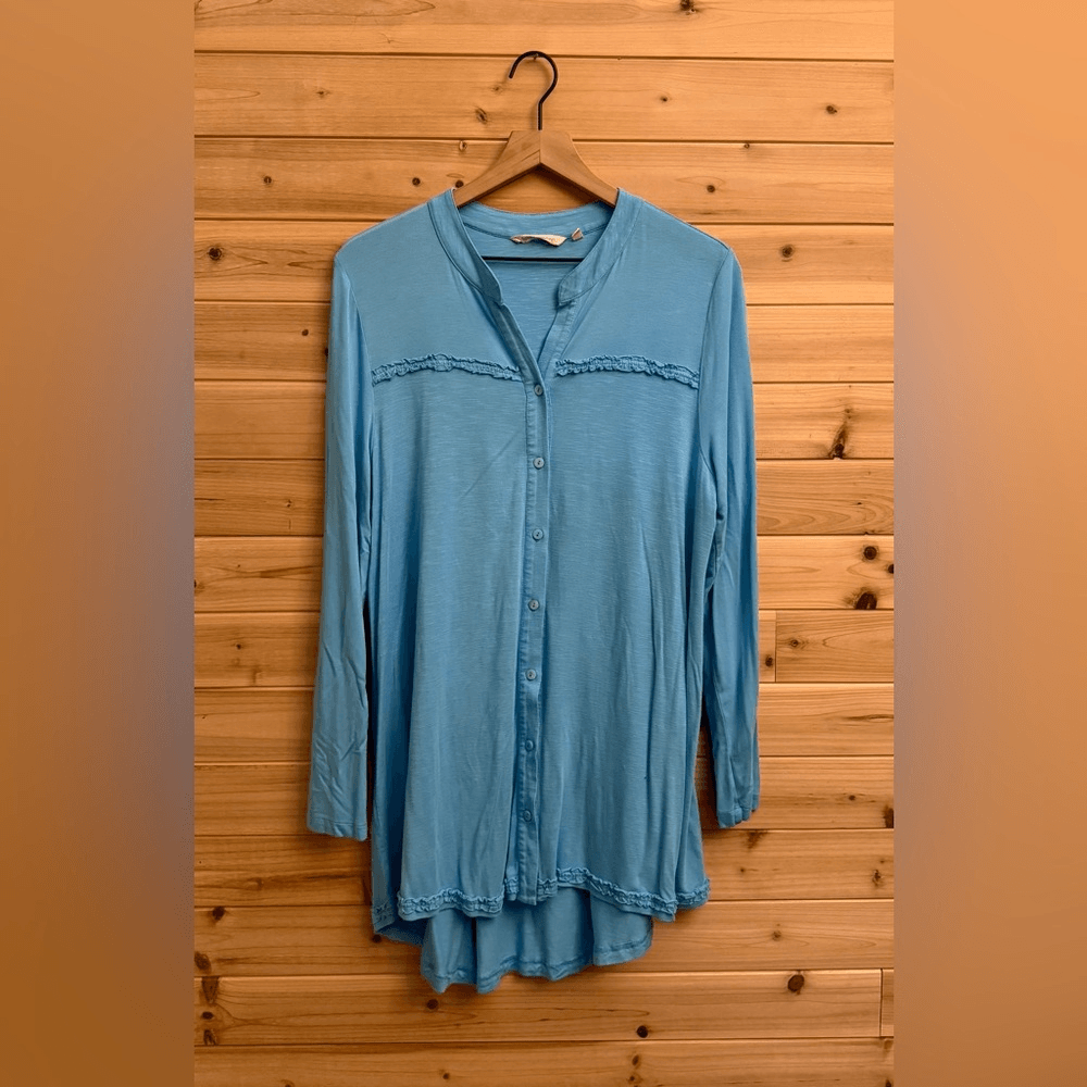 Soft Surroundings Size XLarge Bright Blue Button Front Ruffle Detail Tunic Top