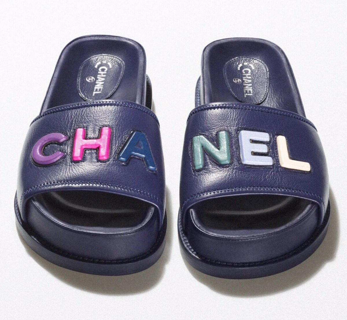 Chanel 22S Blue Lambskin Multicolor CHANEL Letter Logo Flat Slide
