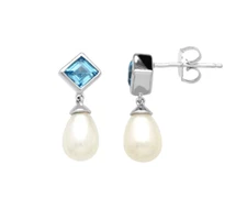 Sterling Silver Swiss Blue Topaz & Freshwater Cultured Pearl Drop Earrings 