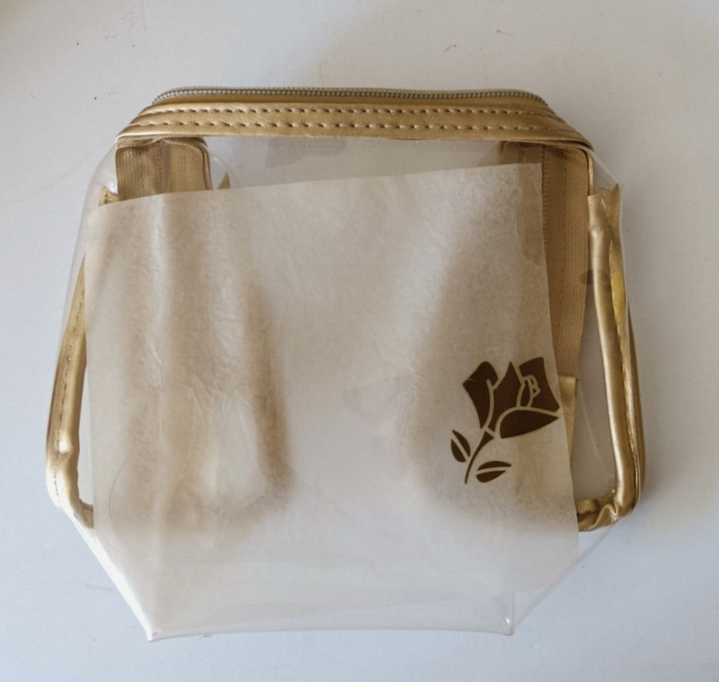 LANCOME Paris Signature Quilted Gold Zipper Cosmetic Case w Inner Clear Bag -NEW