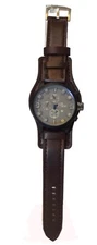 WESTERN STYLE DARK BROWN FINISH  LEATHER BAND LARGE CASE QUARTZ WATCH WITH DATE