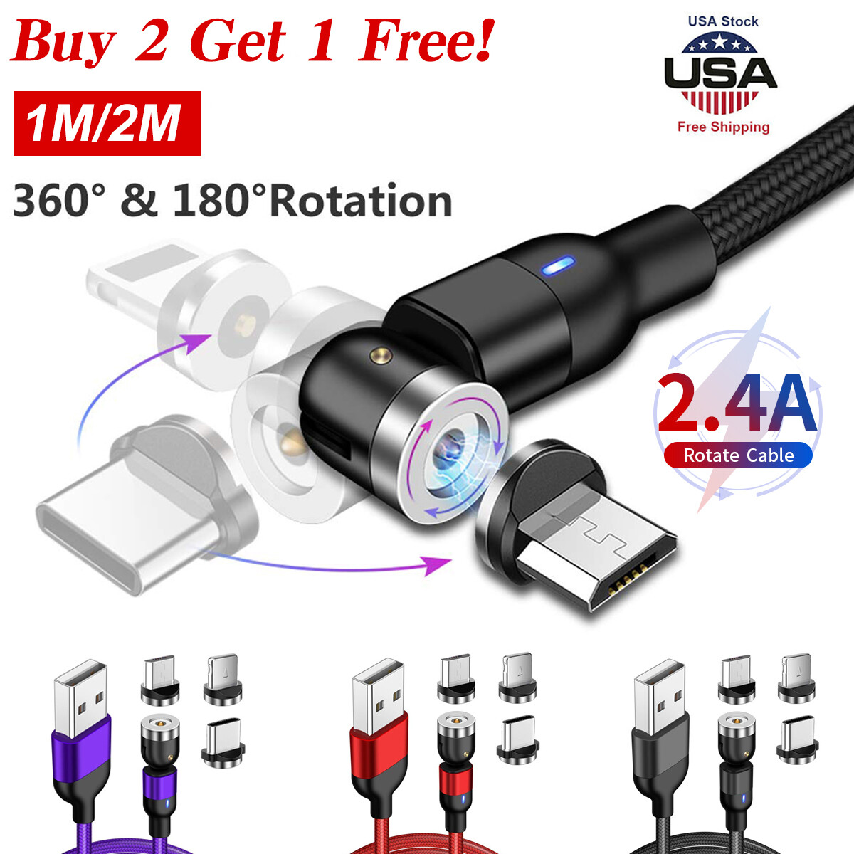 180°+360° Rotate Magnetic Charger Cable Fast Charging For Apple Type C  Micro USB