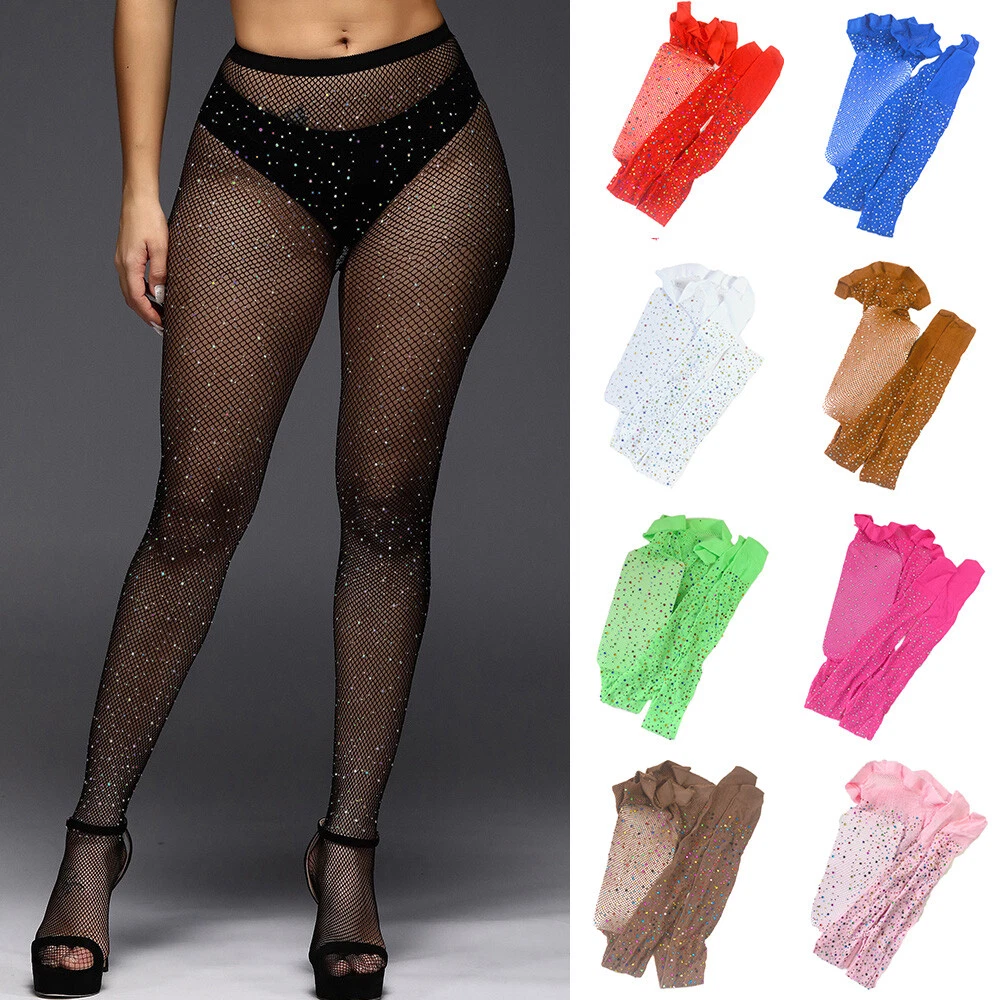 Women Crystal Rhinestone Fishnet Stockings Pantyhose Glitter