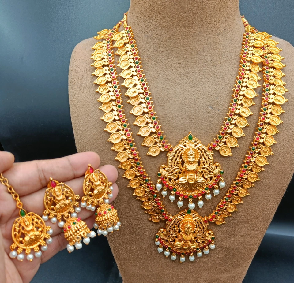 Gold Plated South Indian Temple Pearl Jewelry Bollywood Ethnic Necklace Sets - Image 2 of 4