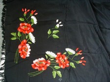 vintage piano shawl scarf black red roses embroidered fringed silk