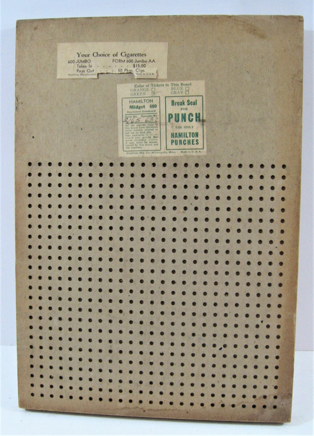 Vintage Your Choice Cigarettes 5 ct Thick Punch Board Gambling Unused