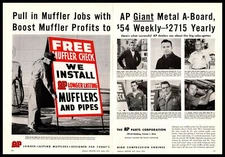 1958 AP Parts Muffler Check Giant Metal A-Board Sign 2-Page Vintage Print Ad