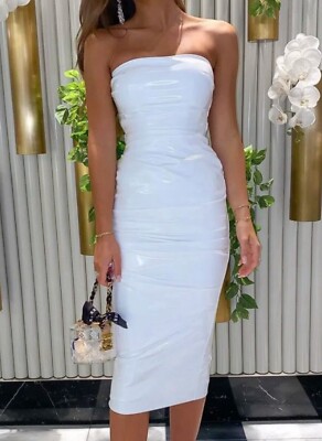 Alex Perry Decon Ruched Stretch Vinyl Strapless  Dress In White Size 6