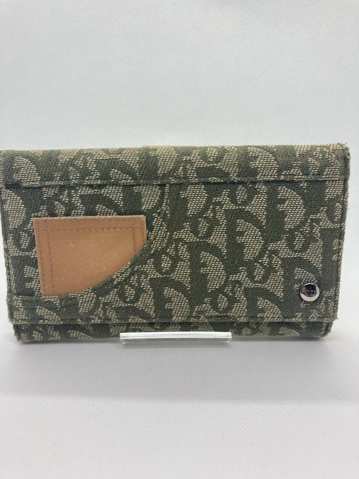Portefeuille pliant motif trotteur Christian Dior toile cuir vert authentique