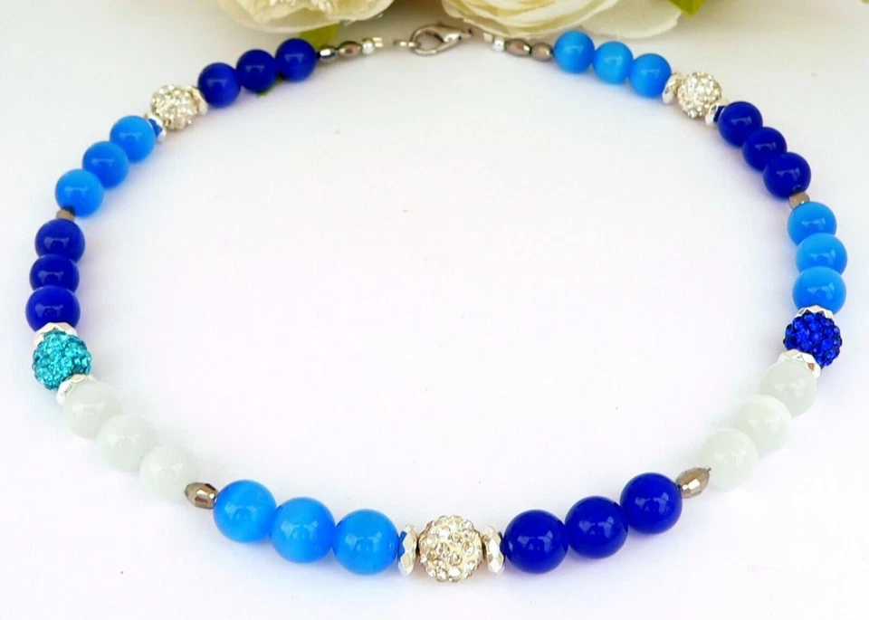 Halskette Glas Perle Cat Eye  Blautöne blau türkis weiß Strass 114b - Bild 4 von 4