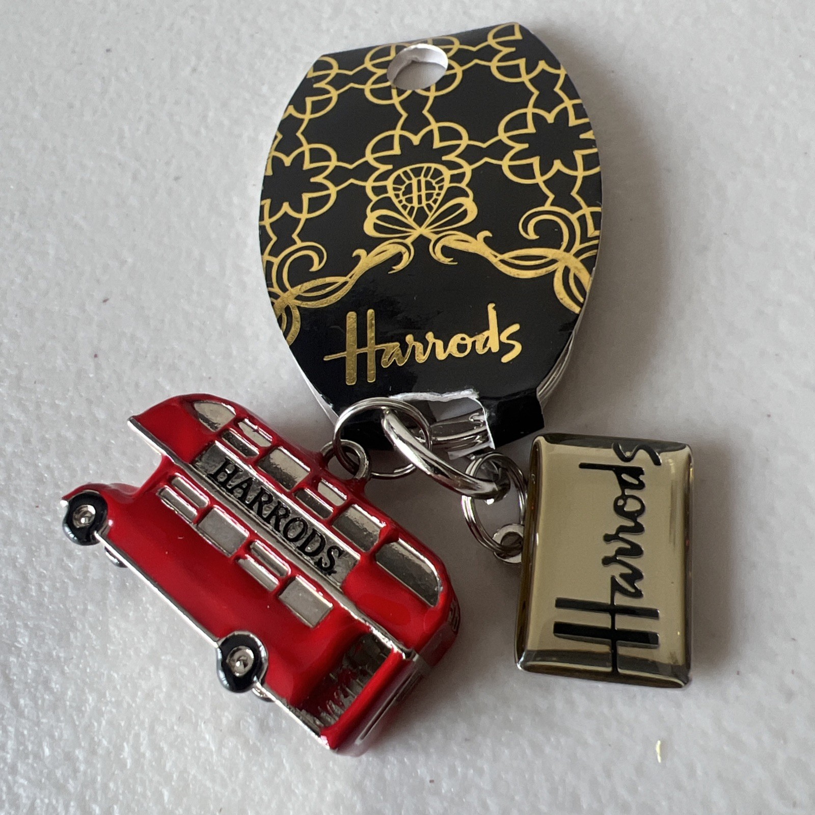 NEW Vtg Harrods Hand Painted 3D London Red Bus logo charm Reverse Flag GB RARE