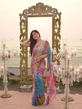Bandhani Leheriya Silk Saree Real Mirror Sequin Work  Multicolor  Blouse Piece