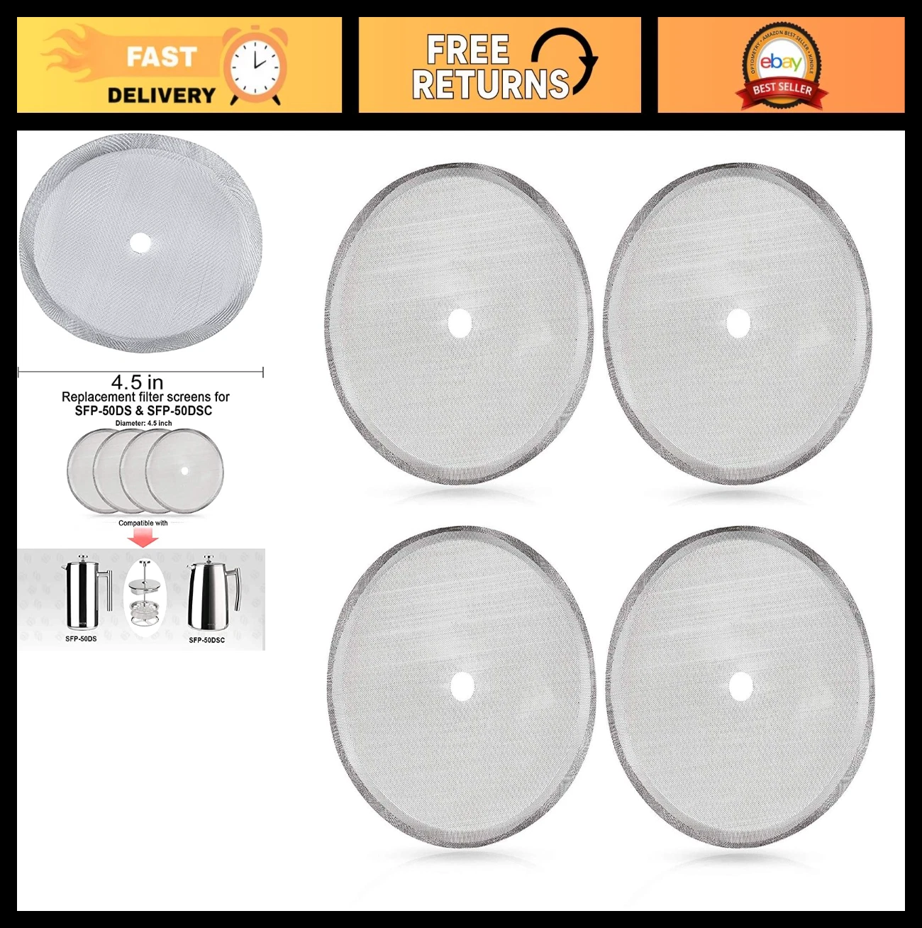 Reusable Stainless Steel French Press Screens - 4 Pack Mesh Filters for 50oz Cof