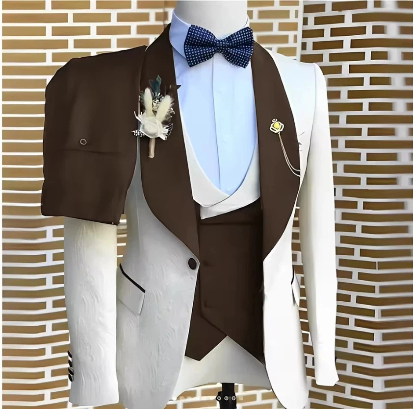 Ternos elegantes masculinos jaqueta jacquard branca colete calças 3 peças smoking para casamento - Imagem 4 de 4