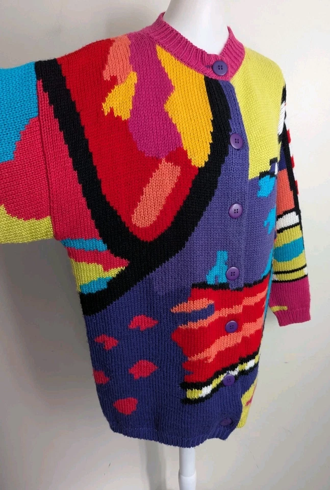 Cardigã suéter feminino vintage anos 90 Venezia colorido arte abstrata G XL retrô - Imagem 3 de 4