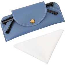 Leather Sunglasses Case Slim Eyeglass Bag with Button Clip Cleaning Cloth Blue