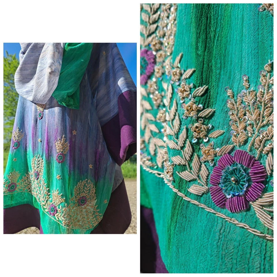 NUEVO RARO Hecho a Mano Bordado Capucha Cuello Top TALLA ÚNICA Boho SEDA CREPÉ Foto 3 de 4