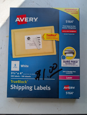 Avery 5164 Shipping Labels 3-1/3 x 4 White Laser Sure Feed 600 Labels