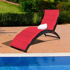 Foldable Rattan Wicker Chaise Lounge Chair w/ Red Cushion Patio Outdoor