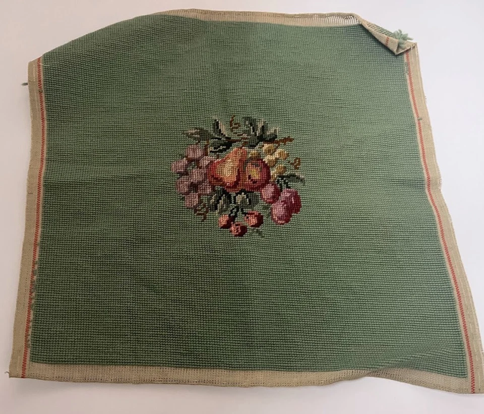 Needlepoint Pillow Chair Seat Cover Vintage Fruit Green 16x17 - Image 2 of 4