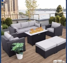 6 Pieces Outdoor Patio Furniture Propane Fire Pit Table Waterproof Anti-slip