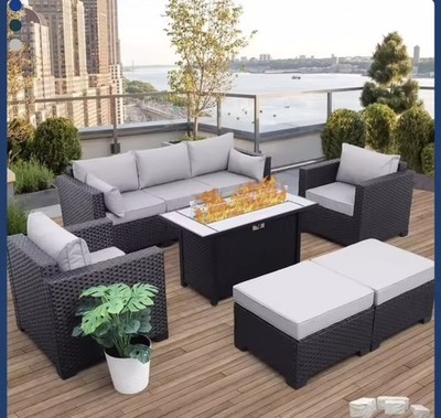 6 Pieces Outdoor Patio Furniture Propane Fire Pit Table Waterproof Anti-slip