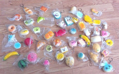 BIG LOT 100 SQUISHIES - HELLO KITTY, DONUTS, PANDA, TOAST BREAD, FOOD- BRAND NEW