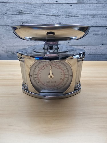 VINTAGE ART DECO STYLE KITCHEN SCAL ANALOG - STAINLESS/CHROME - 7 LB./3 KG