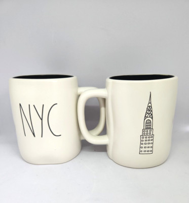 Rae Dunn NYC Set of 2 Mugs double sided Empire State Building NEW Black Inside