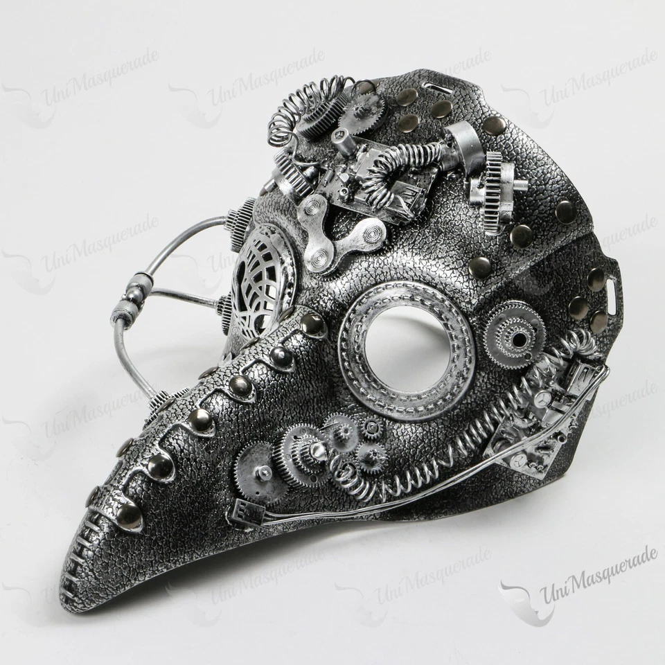Disfraz Steampunk Cuervo Pájaro Peste Dr. Halloween Mascarada Fiesta Máscara Plateada Foto 3 de 4