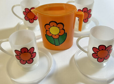 Hong Kong Plastic Doll Sized Cup, Saucer, Pitcher Set, White, Orange, Flower
