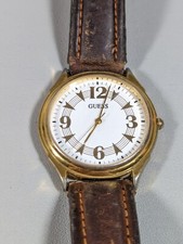 VTG Guess 1992 White Dial Round Gold Tone Case Brown Leather Band Watch