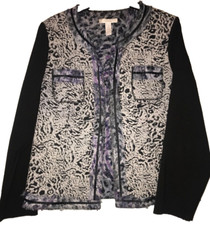 Chico s Women s Jacket Leopard Open Front Long Sleeve Jacquard Purple Black Sz 2