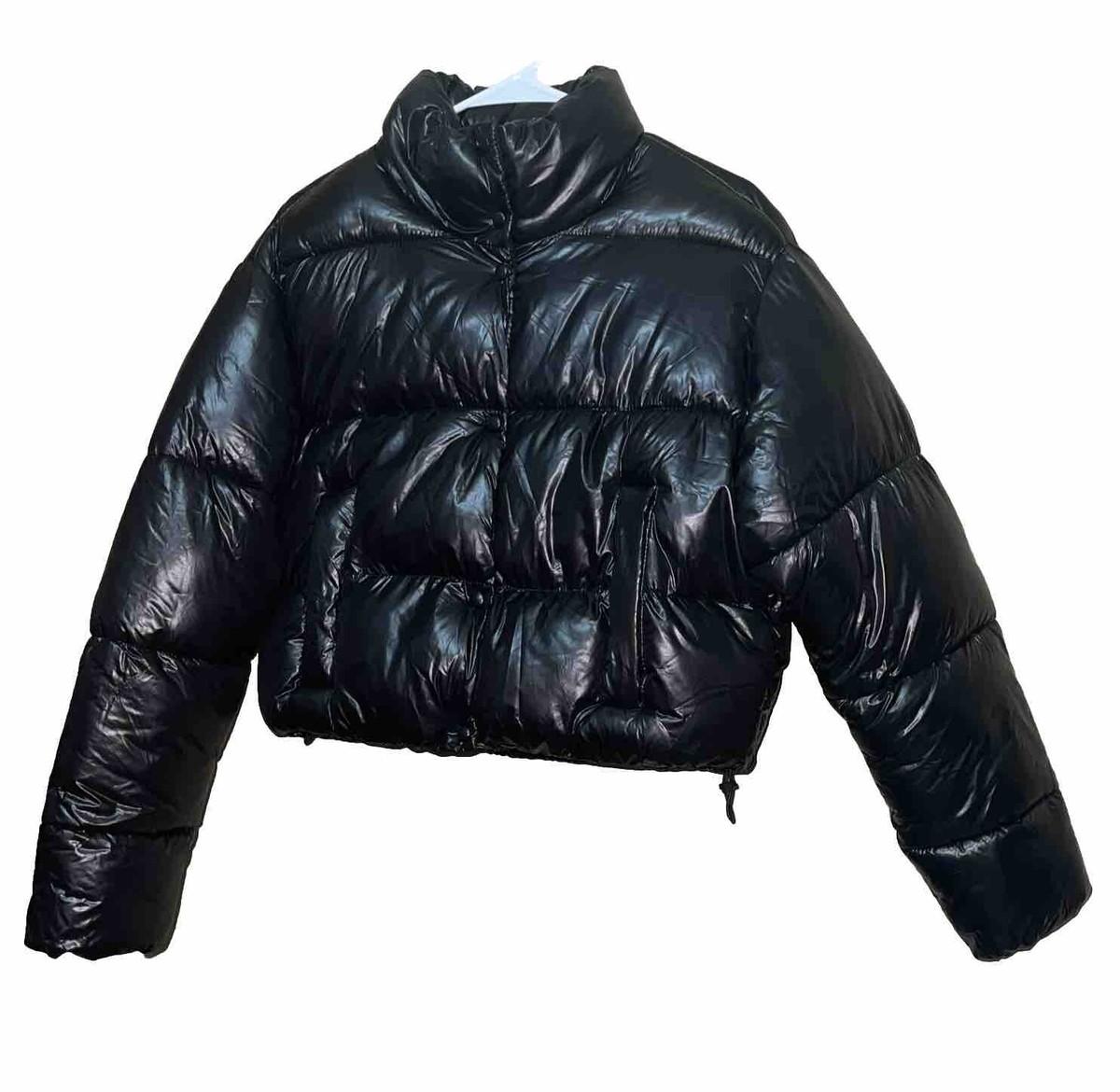 ZARA Down Puffer Jacket Womens S Black Full Zip Quilted Cropped sz