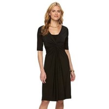 Chaps Womens Medium Midi Black Solid Knot Front Empire Dress Short Sleeves