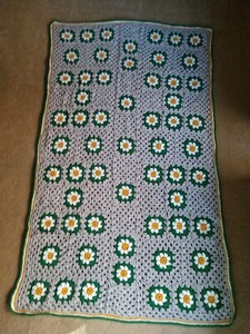 Handmade Crochet Afghan gold & white flowers-gray sparkly background 37.5 x 66