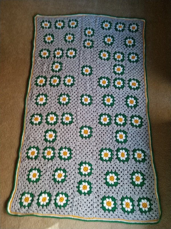 Handmade Crochet Afghan gold & white flowers-gray sparkly background 37.5 x 66
