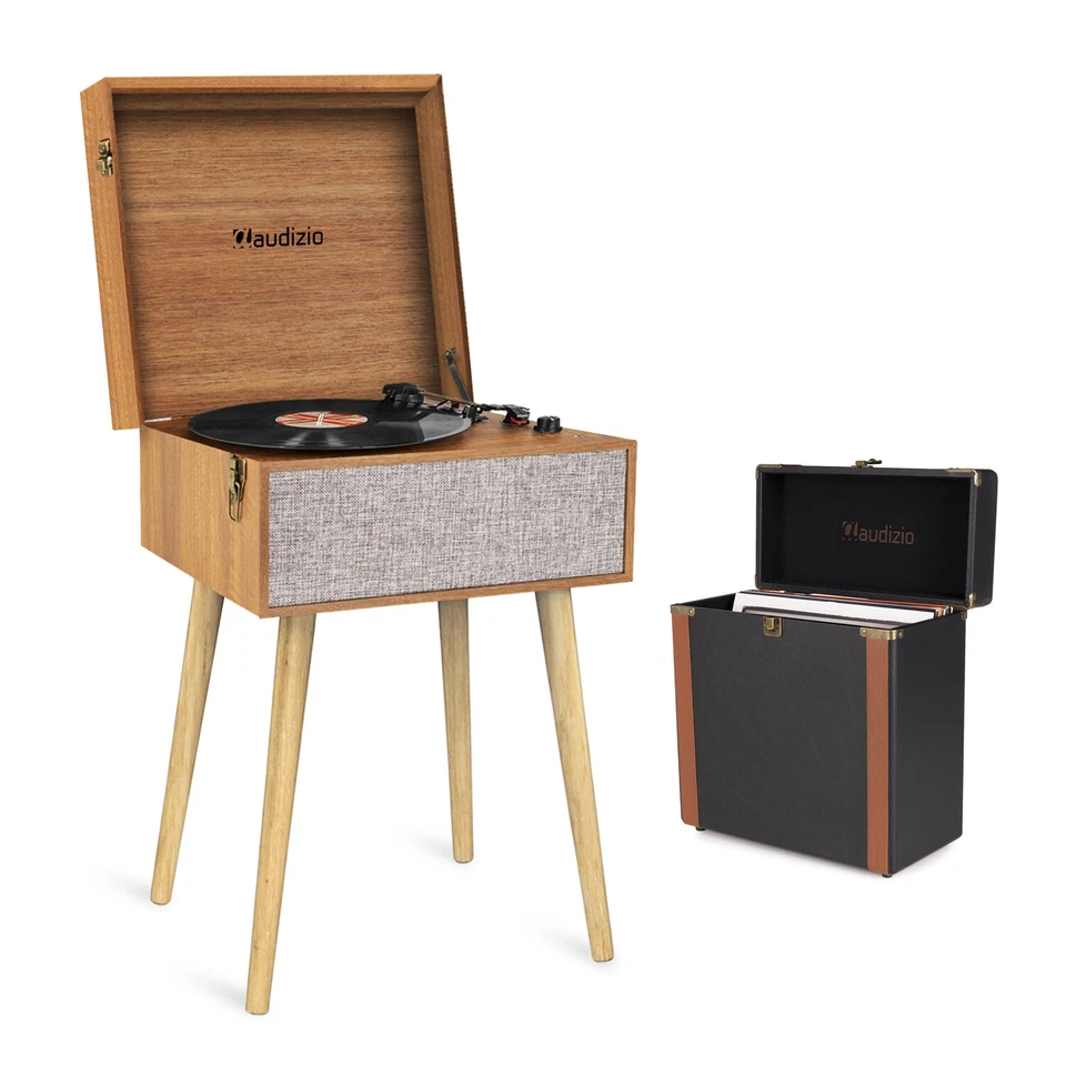 Retro Table Record Player with Legs, Bluetooth Output & Vinyl LP Case - Fremont