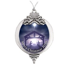 Nativity Purple Silver Metal Bulb Merry Christmas 2024 Ornament Gift